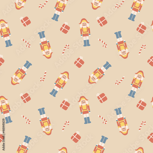 Christmas and New Year seamless pattern with nutcrackers and lollipop. Seasonal design for gift wrap, fabric, cards, invitation, kids, banner, poster.