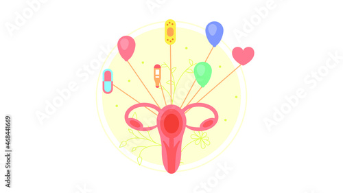 Abstract Flat Uterus Icon Flies On Icons Medic Cartoon People Character With Heart Concept Illustration Vector Design Style Healthcare Diagnosis Clinic