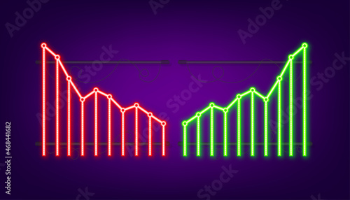 Profit and lost money or budget. Cash and rising graph arrow up, concept of business success. Capital earnings, benefit, neon. Vector stock illustration