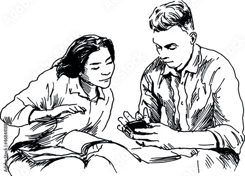 Hand sketch of two young students. Vector illustration.