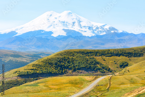 The road along the Dzhily Su tract with a view of Elbrus