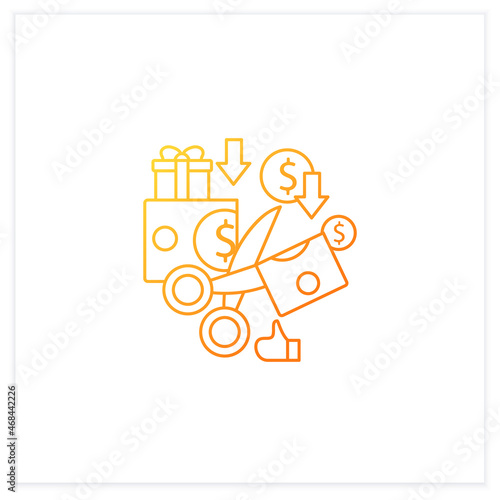 Less spending gradient icon.Reasonable money use. Mindful spending.Scissors cut money.Universal basic income concept.Isolated vector illustration.Suitable to banners, mobile apps and presentation
