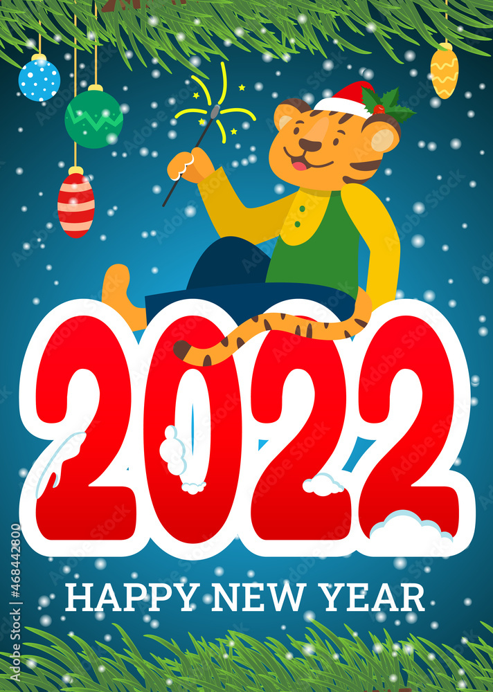 New Year's greeting card with a happy tiger in a hat with a sparkler in its paw. Vector illustration.