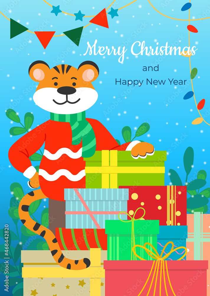 A happy tiger in a sweater congratulates everyone with a mountain of gifts on Christmas and New Year. Vector illustration. A happy tiger in a sweater congratulates everyone with a mountain of gifts on Christmas and New Year. Vector illustration.