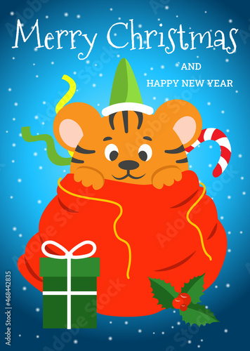 A little tiger cub in a red Christmas bag with gifts. Vector illustration.
