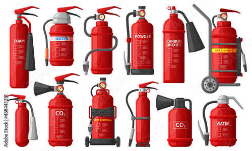 Fire extinguishers, firefighting, fire protection, safety extinguisher equipment. Flame fighting safety equipment vector illustration set. Extinguisher protection