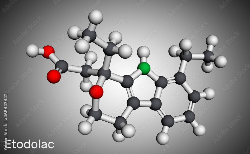 Obraz premium Etodolac molecule. It is nonsteroidal anti-inflammatory drug NSAID with analgesic and antipyretic properties. Molecular model
