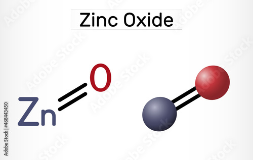 Zinc oxide, ZnO molecule. It is inorganic compound, mineral ingredient of various pharmacological preparations. Structural chemical formula, molecule model