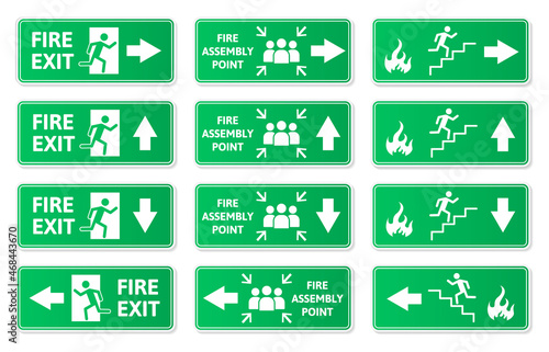 Emergency exit green signs, fire exit, fire assembly point symbols. Evacuation lane, running man and arrow sign green plates vector illustration set. Fire exit direction