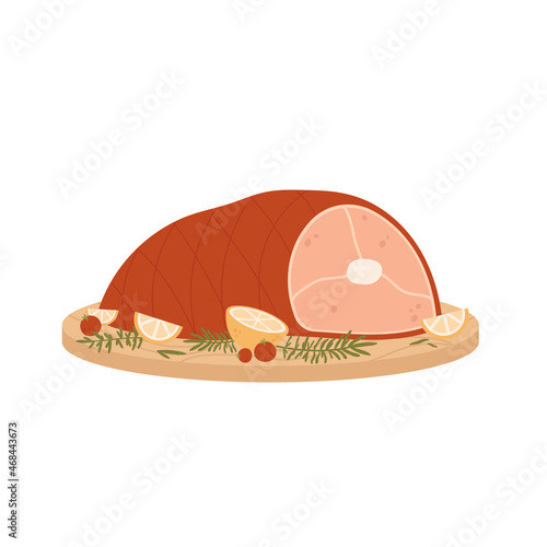 Christmas ham decorated with tomatoes, lemons on tray. Traditional holiday dinner. Smoked  pork food. Vector illustration in cartoon style. Isolated on white background.