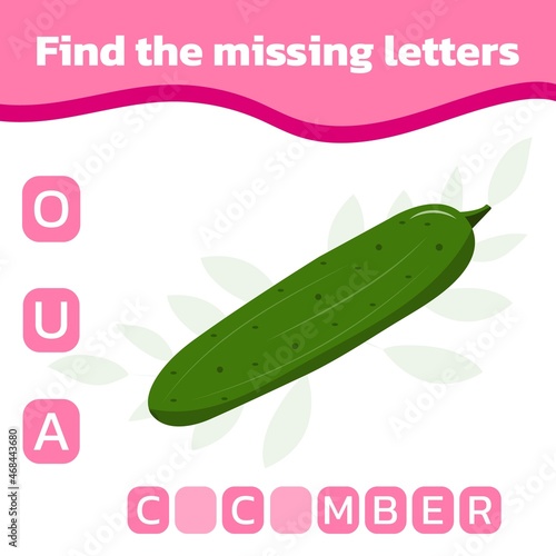 Educational spelling game for kids. Find the missing letter. Vector illustration of cute cucumber.