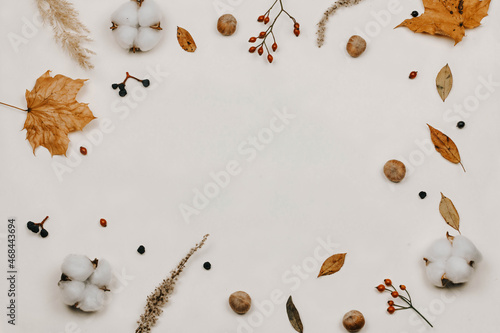 Autumn composition. made of cotton flowers, dried leaves on pastel gray tones. Autumn, fall concept. Flat lounger, top view, copy space