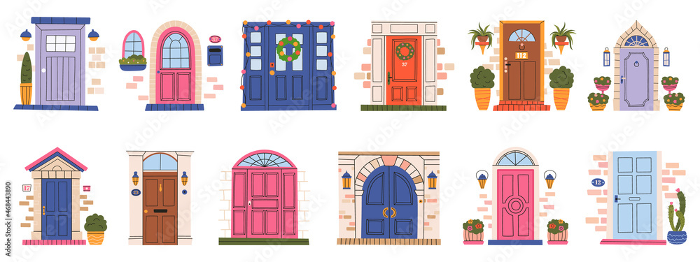 Hand drawn vintage front wooden doors, house or apartment entrances. House front doors, retro wooden home entrance vector illustration set. Exterior entrance closed doors