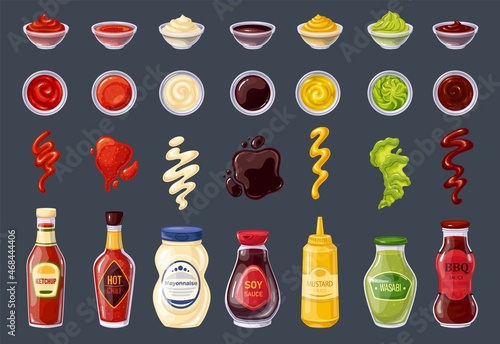 Sauces bottle and bowls, hot chili, mustard, bbq, splash strips, soy sauce, ketchup, mayonnaise, wasabi, drops and spots. Vector illustration.