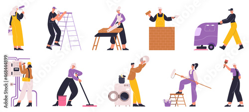 Home repair, house renovation workers, plumber, electrician, painter. Repair service workers and cleaner characters vector illustration set. Professional home repair workers