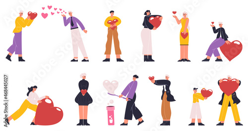 People share love, donating, care, valentines day concept. Characters carrying hearts, love massages or philanthropy vector illustration set. People giving and sharing love