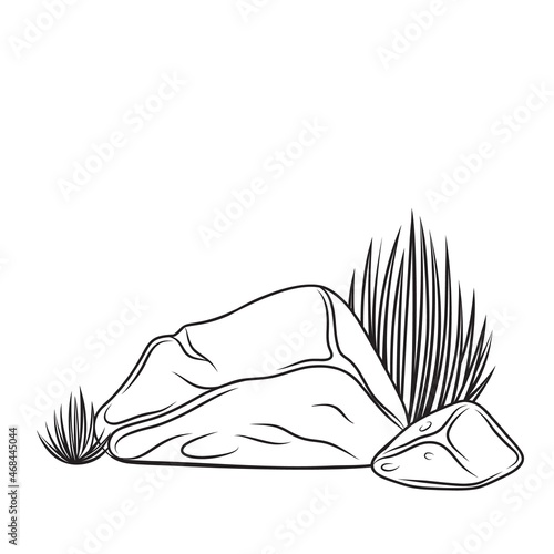 Stone with plant, drawn monochrome, boulders and grass outline vector illustration.