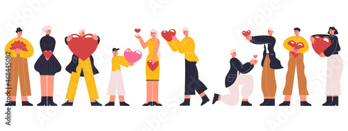 People holding hearts, characters share love, donating or valentines day. Happy characters carrying and sharing hearts vector illustration. Woman and man holding red hearts