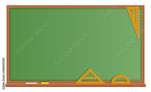 Green chalkboard. School board with rulers, sponge and chalk for classroom. Empty wooden blackboard. Vector illustration.