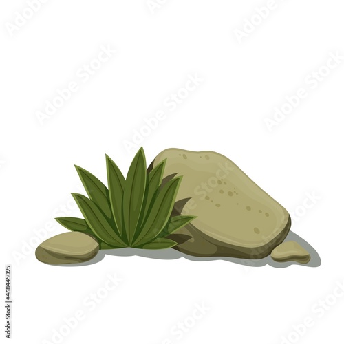 Stone, boulders and desert plant vector illustration.