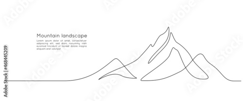 Fototapeta Naklejka Na Ścianę i Meble -  One continuous line drawing of mountain range landscape. Web banner with mounts in simple linear style. Adventure winter sports concept isolated on white background. Doodle vector illustration