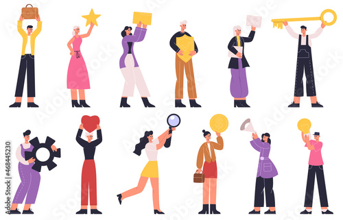 People holding big occupation signs, objects or items. Tiny people with different tools, heart, key, light bulb vector illustration set. Occupations or activities metaphor