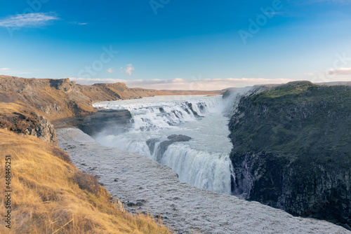 Iceland waterfall Gullfoss with blue sky