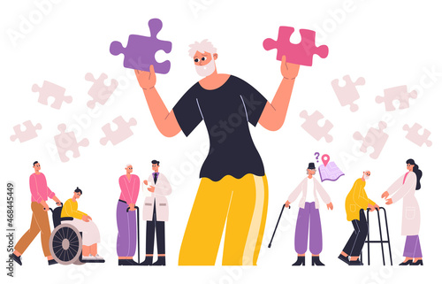 Alzheimer, dementia brain disease symptoms concept. Senior patient with memory loss and disorientation symptoms vector flat illustration. Dementia, alzheimer elderly patients