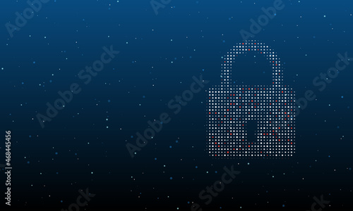 On the right is the padlock symbol filled with white dots. Background pattern from dots and circles of different shades. Vector illustration on blue background with stars