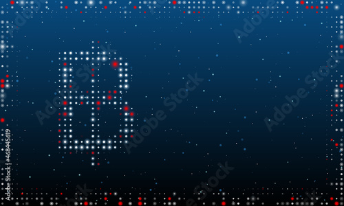 On the left is the thai baht symbol filled with white dots. Pointillism style. Abstract futuristic frame of dots and circles. Some dots is red. Vector illustration on blue background with stars