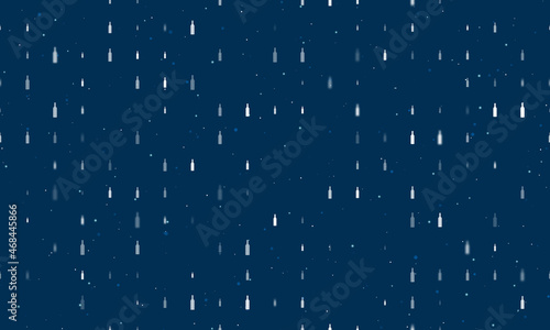 Seamless background pattern of evenly spaced white beer bottle symbols of different sizes and opacity. Vector illustration on dark blue background with stars
