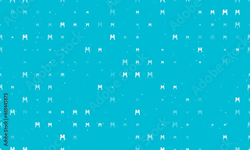 Seamless background pattern of evenly spaced white women's jacket symbols of different sizes and opacity. Vector illustration on cyan background with stars