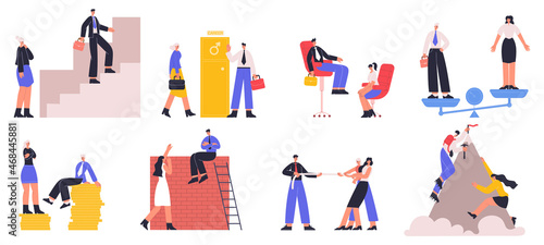 Gender work career inequality, women discrimination and inequality. Workplace discrimination, unequal career opportunities vector illustration set. Business gender gap