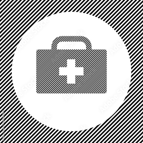 A large first aid symbol in the center as a hatch of black lines on a white circle. Interlaced effect. Seamless pattern with striped black and white diagonal slanted lines
