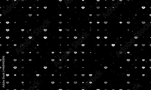 Seamless background pattern of evenly spaced white lips symbols of different sizes and opacity. Vector illustration on black background with stars