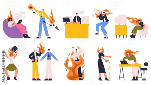 Conflict  stress situations  people in fire at work or at home. Stressed  angry  argue chaotic characters vector illustration set. Emotional people in fire