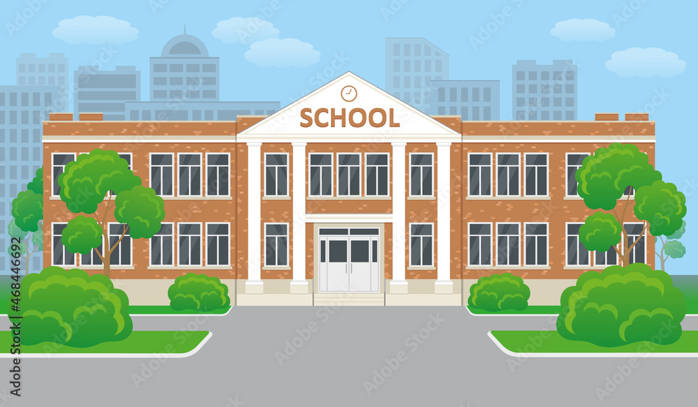 School building educational institution, college empty front yard with green trees, grass lawns, city architecture, place for studying, summer landscape Cartoon vector illustration
