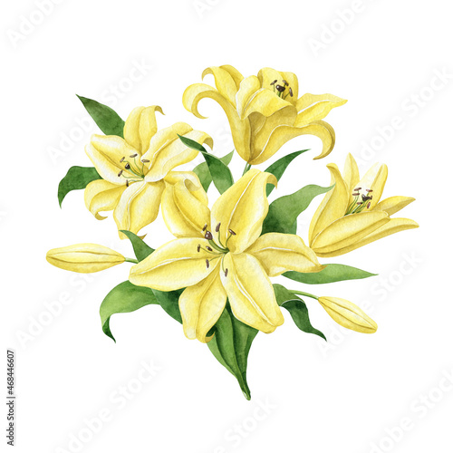 Watercolor yellow lilies floral bouquet isolated on white background. Handdrawn illustration. Clipart for greeting cards, wedding invitations, birthday cards, stationery, scrapbooking.