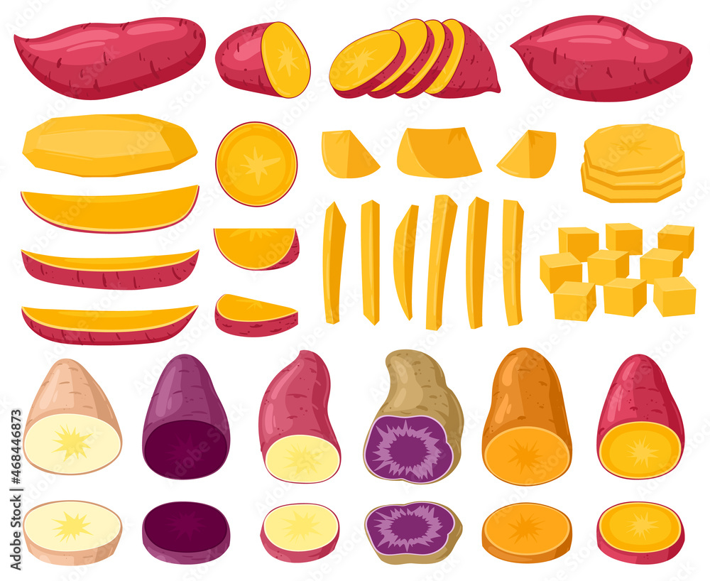 Cartoon sweet potato, raw sliced tasty batata root vegetable. Chopped
