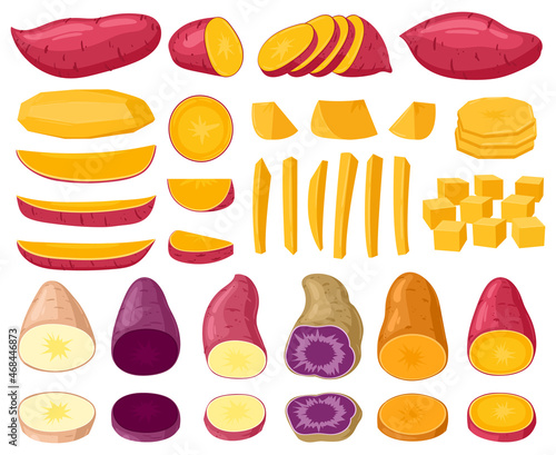 Cartoon sweet potato, raw sliced tasty batata root vegetable. Chopped sweet potatoes, yam batata french fries and chips vector illustration set. Delicious sweet potatoes