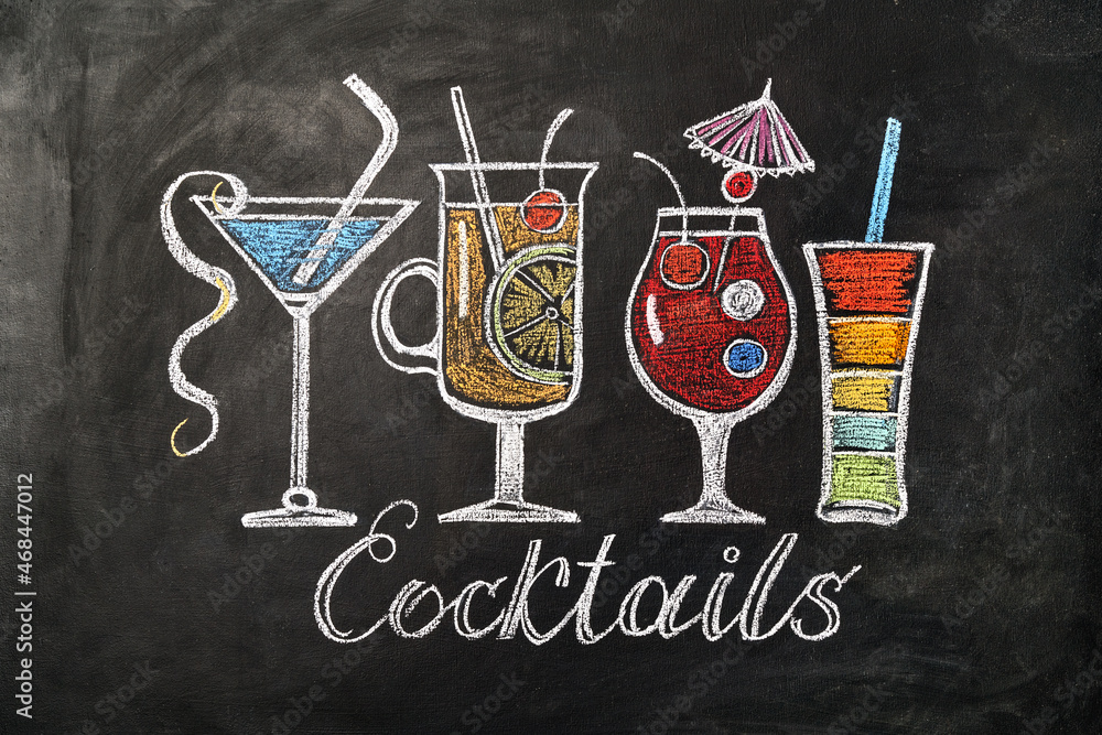cocktail in vintage style drawing with chalk on blackboard.