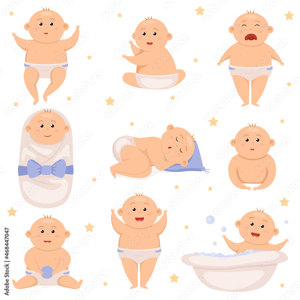 Set with cute little baby boy in diaper. Active baby. Infant new born. Toddler babies activity cute cheerful characters nowaday Set with cute little baby boy in diaper. Active baby. Infant new born. Toddler babies activity cute cheerful characters nowaday