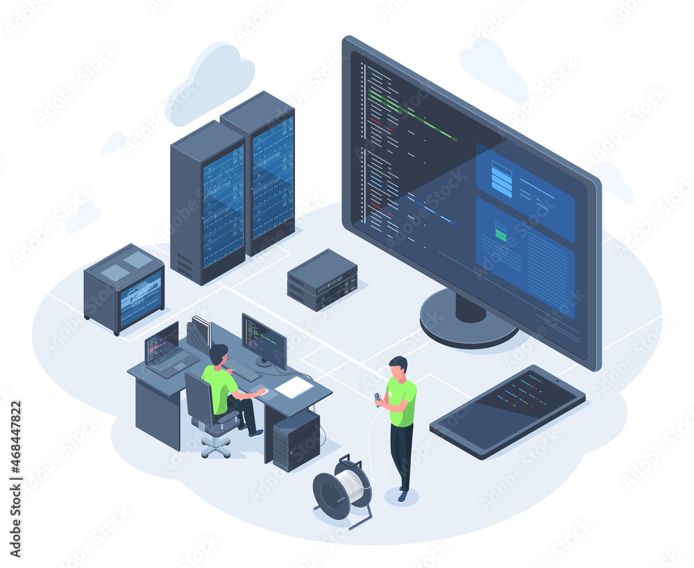 Isometric 3d web hosting, database network server concept. Cloud network technology server engineers vector illustration. Server equipment maintain service