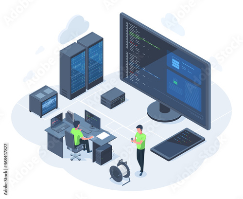 Isometric 3d web hosting, database network server concept. Cloud network technology server engineers vector illustration. Server equipment maintain service