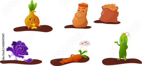 set of autumn cartoon vegetables. Emotions vector potato, carrot, cucumder, onion, cabage
