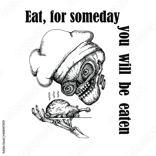 Skull in a chef's hat with a plate of food in his hand. Outline lettering.Hand drawn vector stock illustration.Isolated on white background.Print for clothes and items.