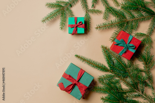 Holiday gift boxes with spruce branches