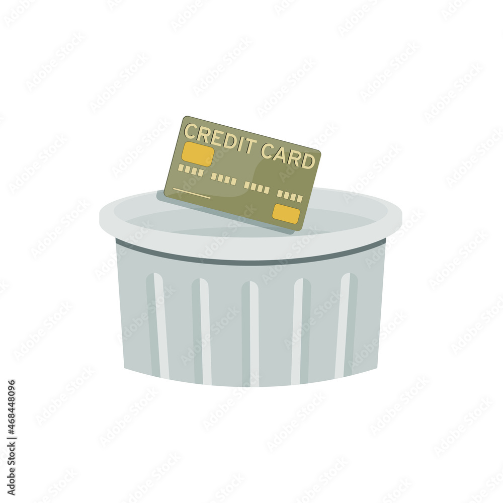 Throw away your credit card in the trash. A plastic bank card falls into the trash can. Vector illustration, flat minimal cartoon color design isolated on white background, eps 10. Throw away your credit card in the trash. A plastic bank card falls into the trash can. Vector illustration, flat minimal cartoon color design isolated on white background, eps 10.