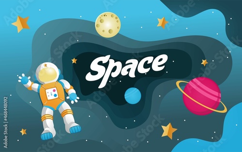An astronaut in space with a moon and a planet