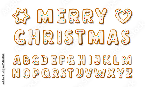 Christmas gingerbread alphabet glazed font. Winter icing-sugar cookies in shape of english letters and heart and star shape. Cartoon Vector illustration